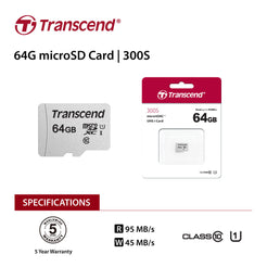 Transcend 64GB UHS-I U1 microSD Card - 95MB/s Read, 45MB/s Write